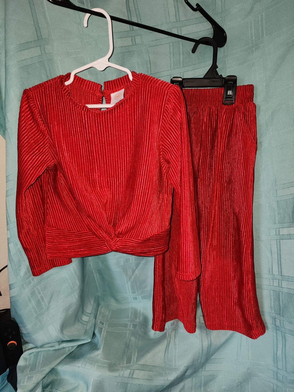 Girls Red Ribbed Velvet Set - Cozy Knot-Front Top & Pants 4t
